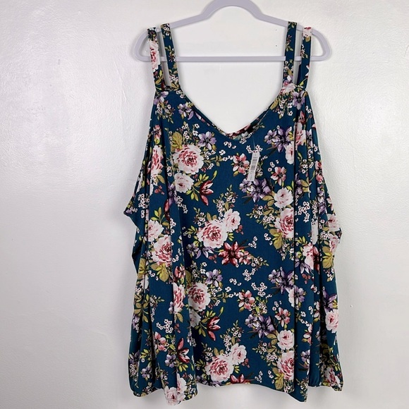 Torrid New Women’s 6X Blue Floral Print Strap Long Balloon Sleeve V-Neck Blouse - Picture 1 of 9